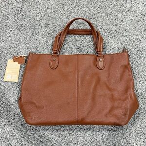 NWT! Befen Cognac Brown Soft Genuine Pebbled Leather Satchel Zip Top Handle